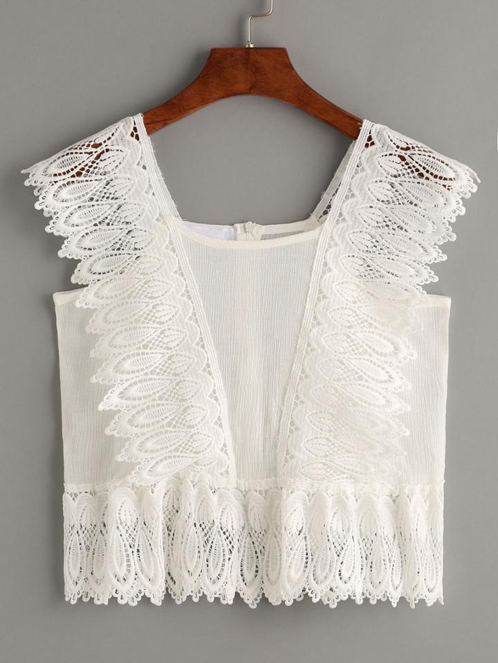 Romwe White Lace Trimmed Crepe Top