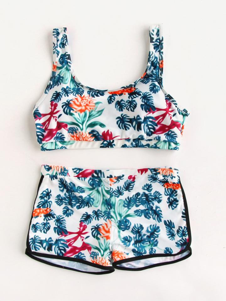 Romwe Tropical Print Bikini With Shorts