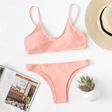 Romwe Scoop Neck Top With Seam Trim Bikini Set