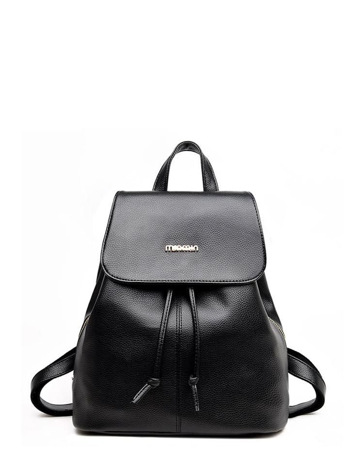 Romwe Faux Leather Drawstring Flap Backpack