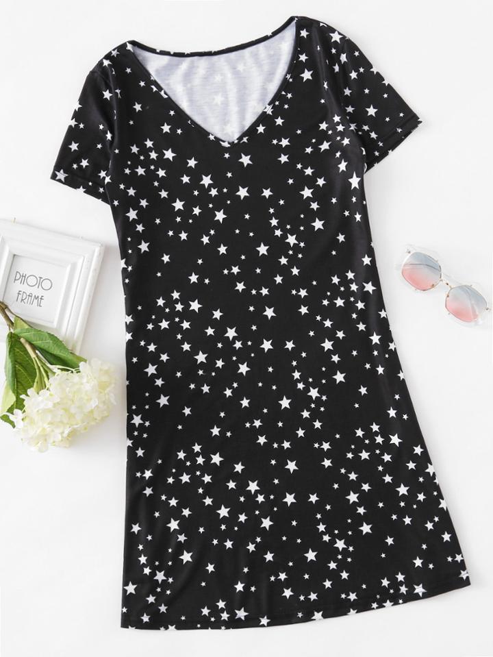 Romwe V Neckline Star Print Random Tee Dress