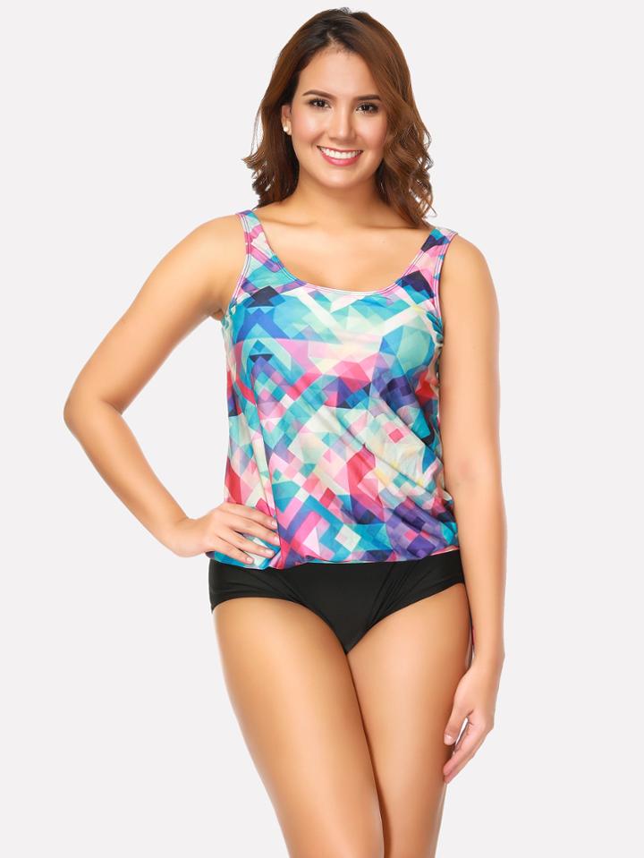 Romwe Geometric Pattern Knot Tankini Set