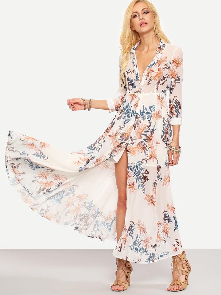 Romwe Flower Print Chiffon Long Shirt Dress - White