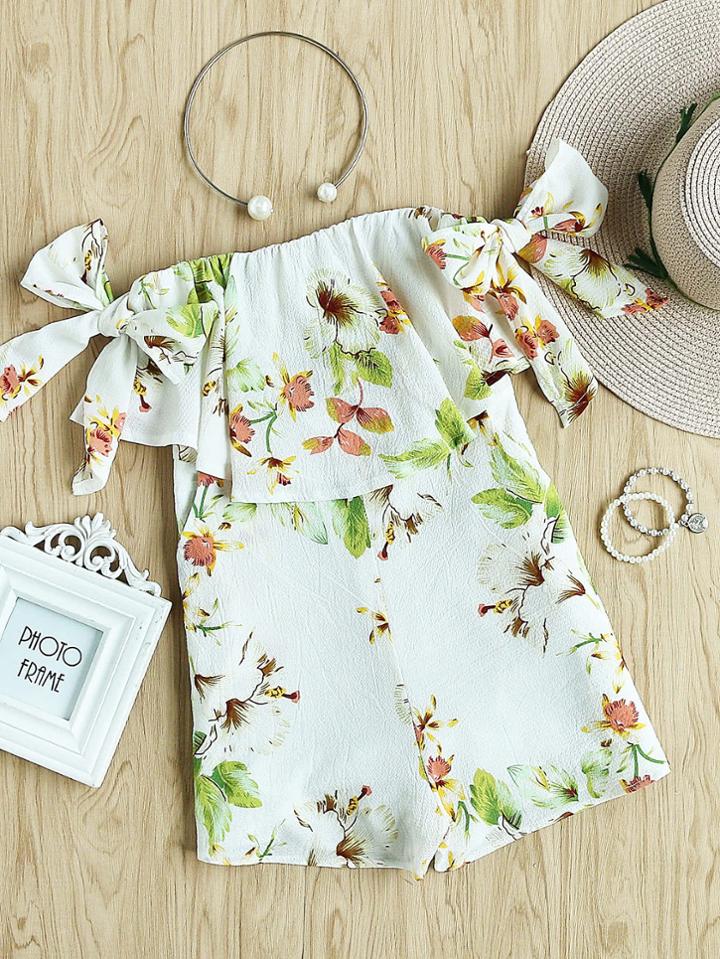 Romwe Off Shoulder Bow Tie Floral Print Random Romper