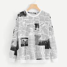 Romwe Newspaper Print Sweatshirt