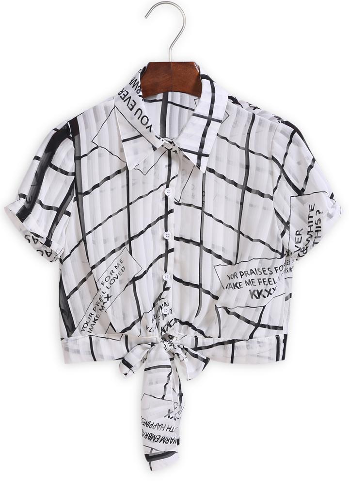Romwe Lapel Plaid Knotted Blouse