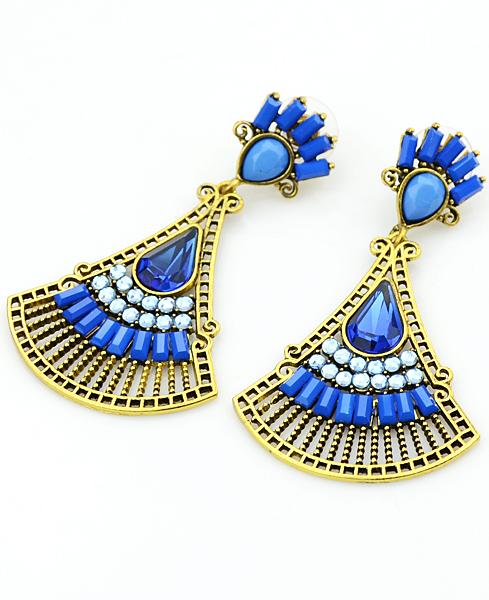 Romwe Blue Fan-shaped Gemstone Gold Earrings