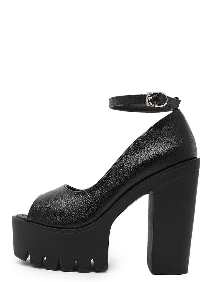 Romwe Black Open Toe Ankle Strap Mule Chunky Pumps