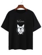 Romwe Cat Print Drop Shoulder T-shirt - Black