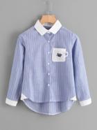 Romwe Chest Pocket Dip Hem Striped Shirt