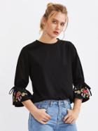 Romwe Bow Tied Botanical Embroidered Bell Cuff Tee