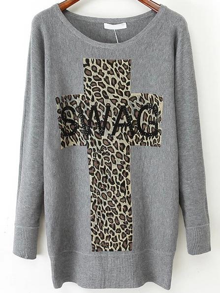 Romwe Leopard Cross Print Grey Sweater