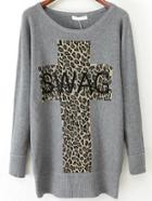 Romwe Leopard Cross Print Grey Sweater