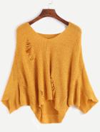 Romwe Ginger V Neck Batwing Sleeve Hollow Sweater
