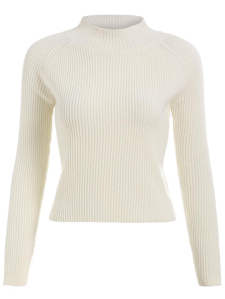 Romwe Women Mock Neck Crop White Sweater