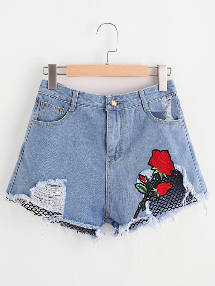 Romwe Rose Embroidered Applique Contrast Fishnet Ripped Shorts