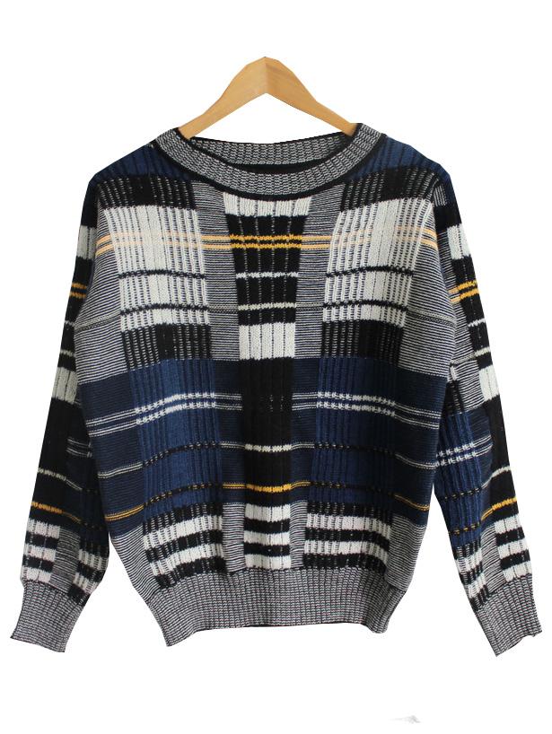 Romwe Long Sleeve Checkered Loose White Sweater