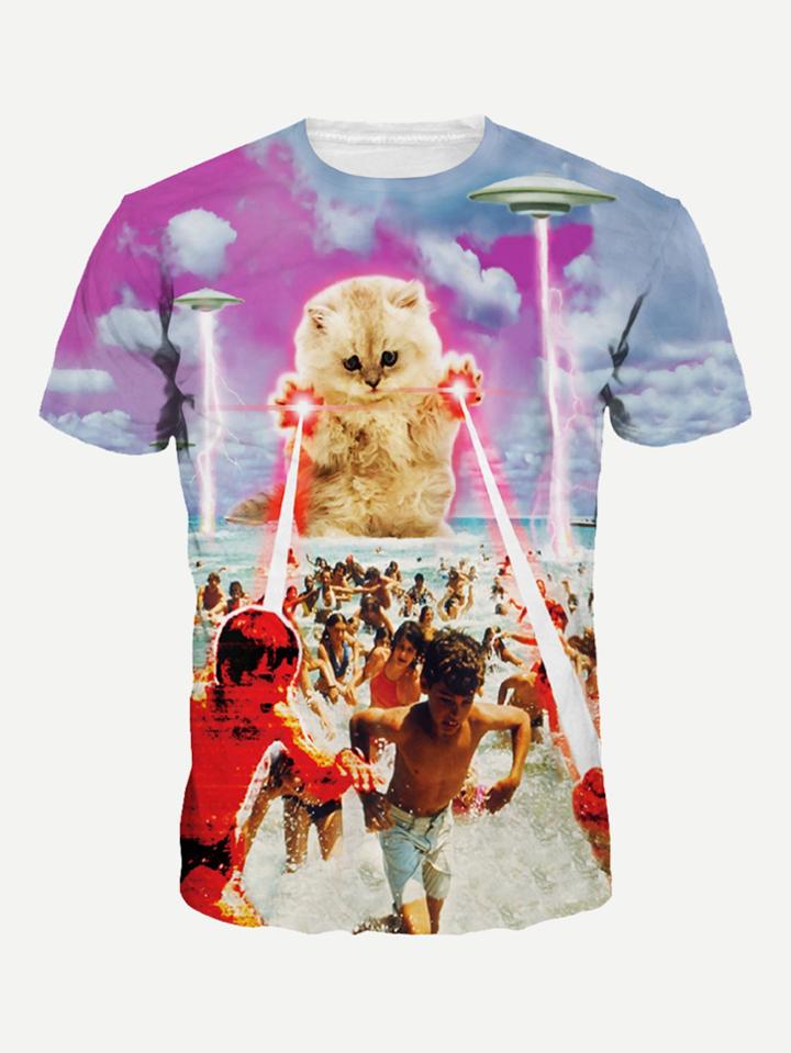 Romwe Men Cat And Figure Print Tee