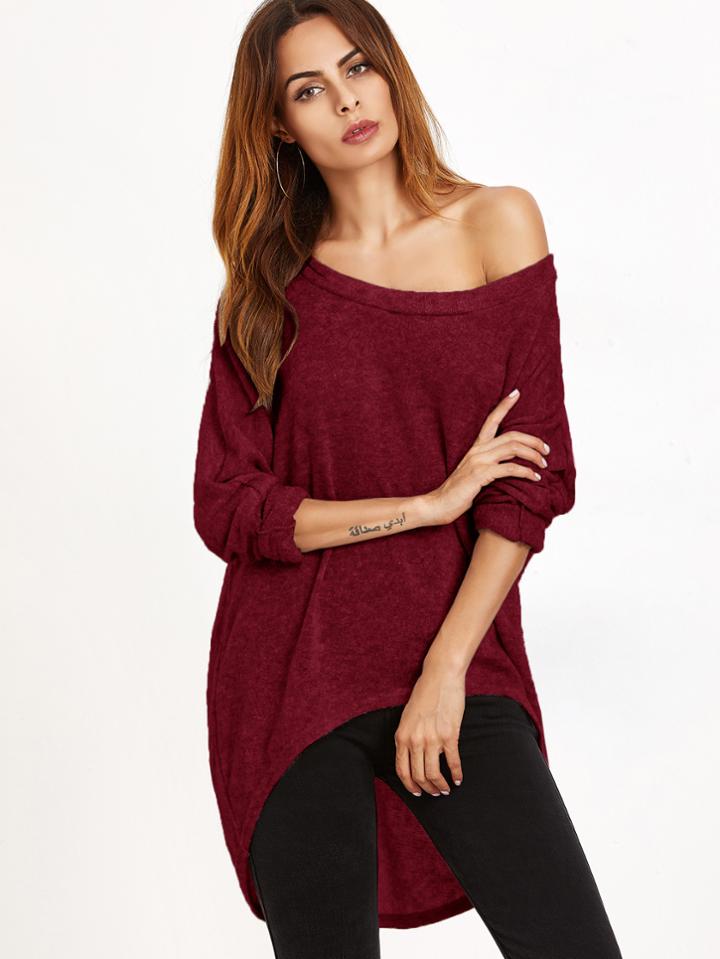 Romwe Burgundy One Shoulder Dip Hem T-shirt