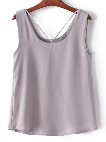 Romwe Grey Round Neck Chiffon Tank Top