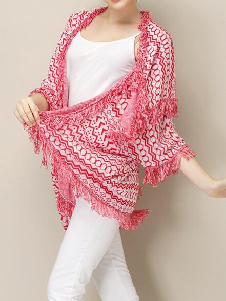 Romwe With Tassel Geometric Print Cardigan