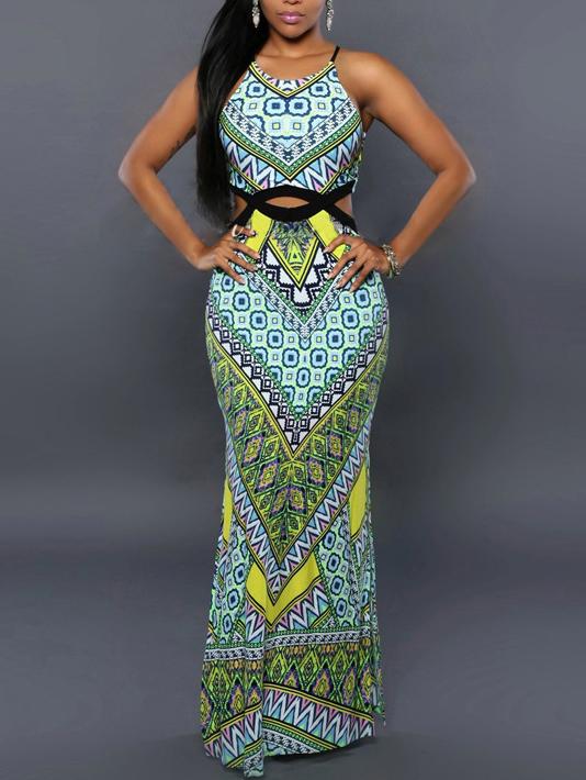Romwe Multicolor Tribal Print Cutout Cami Dress