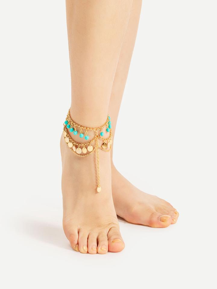 Romwe Beaded And Sequin Chain Layered Anklet