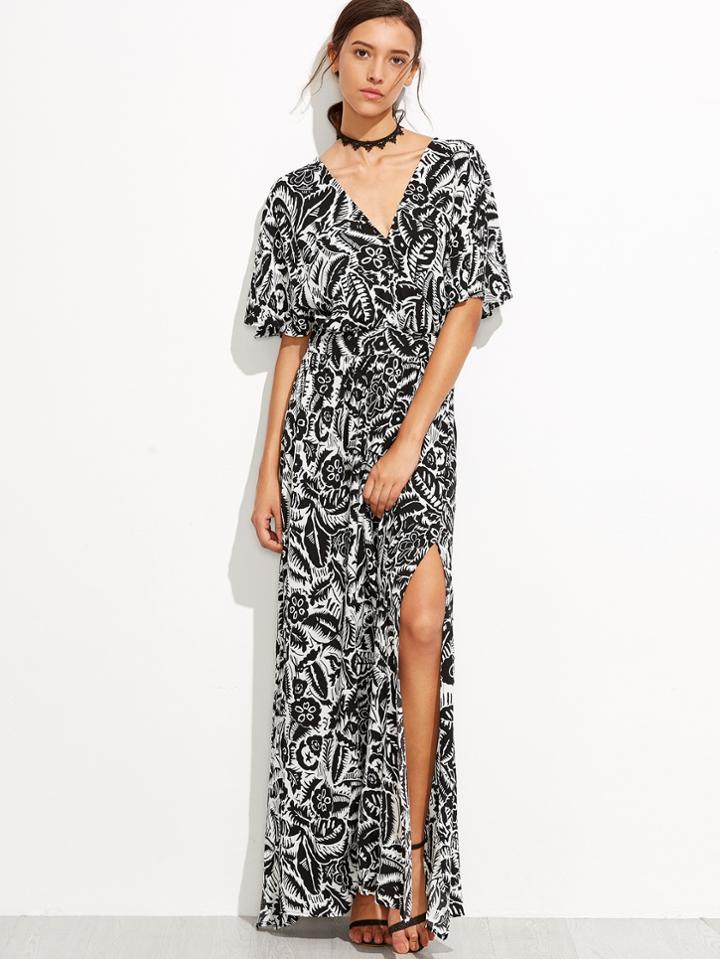 Romwe Black And White Tropicals Print Split Side Maxi Dress