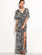 Romwe Black And White Tropicals Print Split Side Maxi Dress