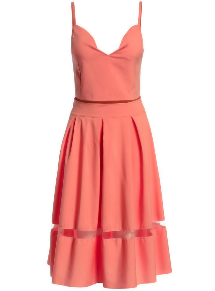Romwe Spaghetti Strap Cami Top With Contrast Mesh Pleated Orange Skirt