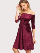 Romwe Off Shoulder Velvet Pleated Dress