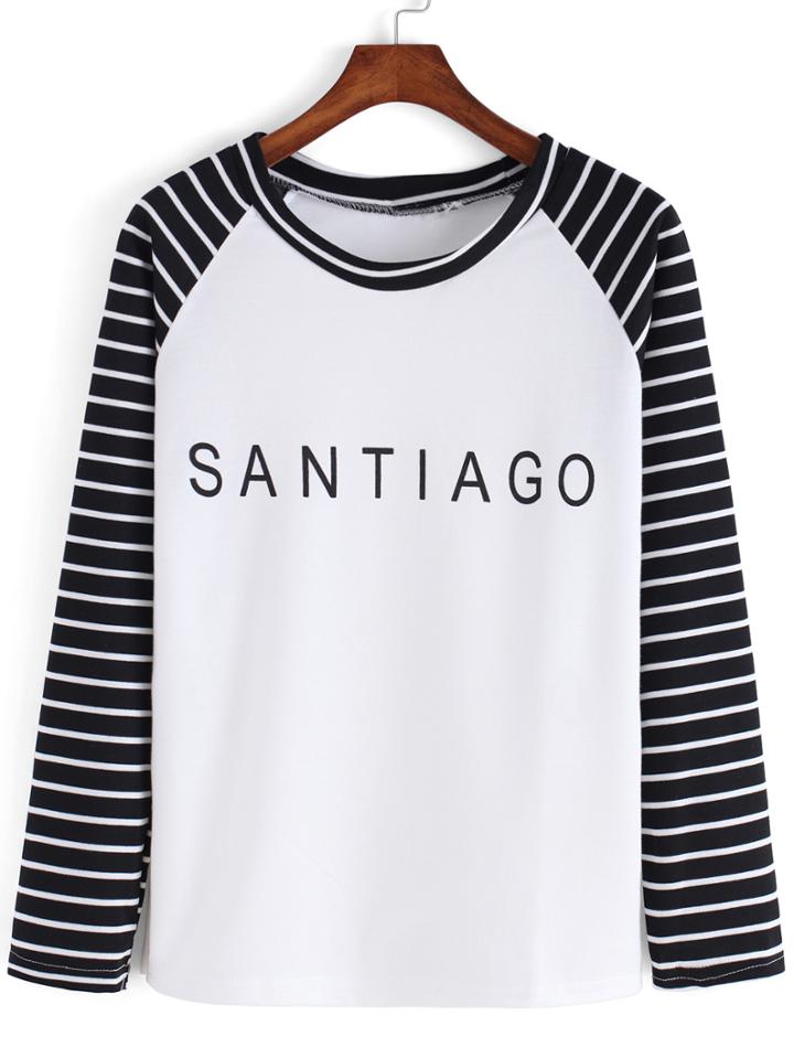 Romwe Raglan Sleeve Striped Letter Print T-shirt