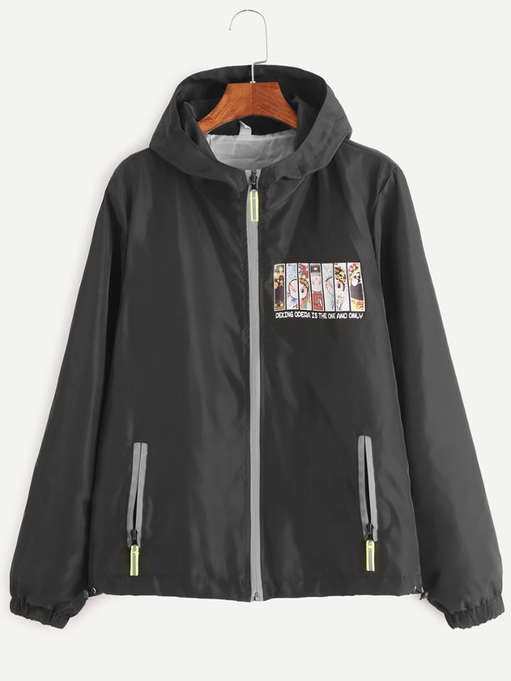 Romwe Black Peking Opera Print Zipper Hooded Coat