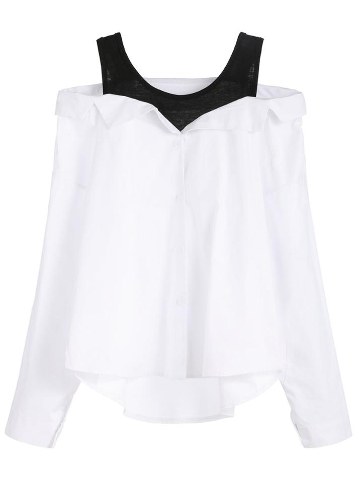 Romwe White Black Fold Over Cold Shoulder Blouse