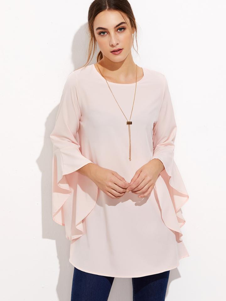 Romwe Pink Bell Sleeve Long Blouse