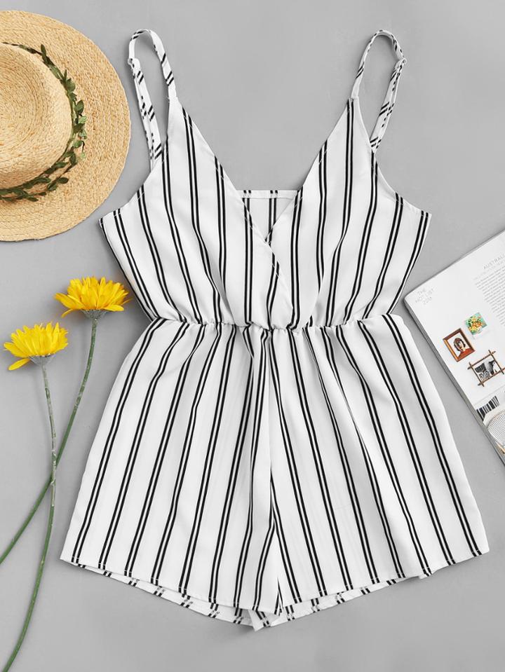Romwe V Neckline Striped Wrap Cami Romper