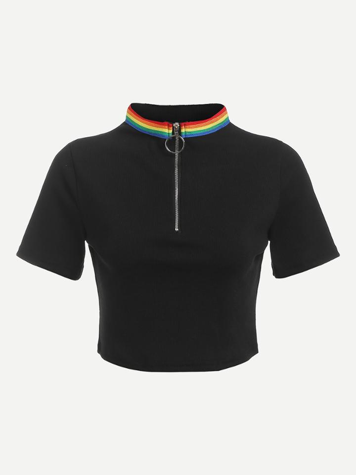 Romwe Striped Neck Zip Up Front Tee