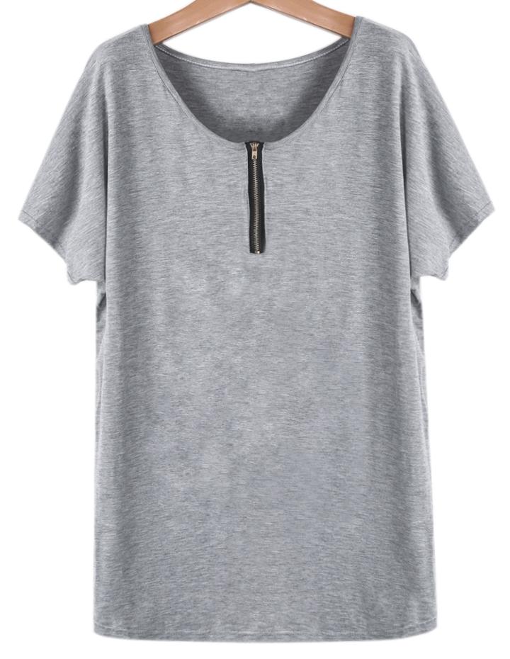 Romwe V Neck Batwing Zipper Grey T-shirt