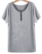 Romwe V Neck Batwing Zipper Grey T-shirt
