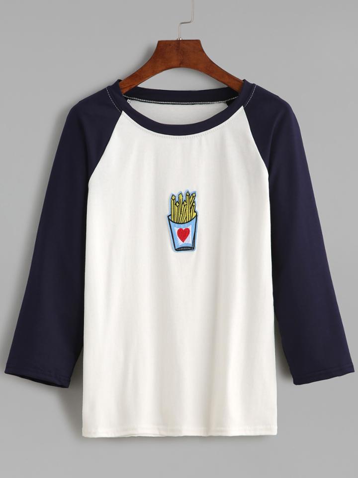 Romwe Contrast Raglan Sleeve French Fries Embroidered T-shirt