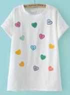 Romwe Heart Embroidered White T-shirt