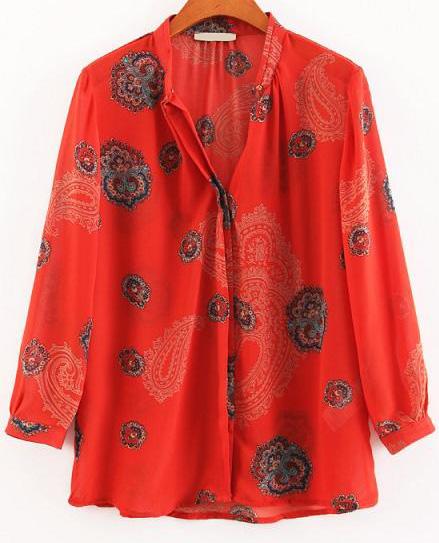 Romwe Cashews Print Loose Chiffon Red Blouse