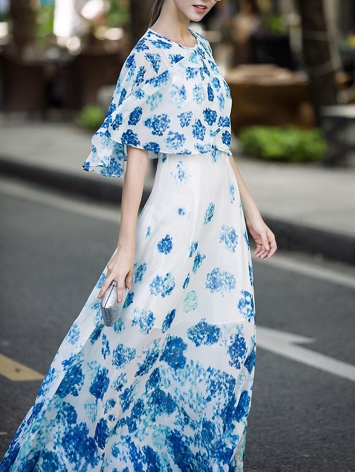 Romwe Blue Round Neck Cape Floral Print Dress