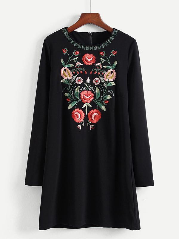 Romwe Embroidered Flower Tunic Dress