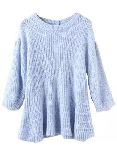 Romwe Puff Sleeve Hollow Blue Sweater