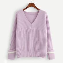 Romwe Stripe Rolled Cuff V Neck Jumper