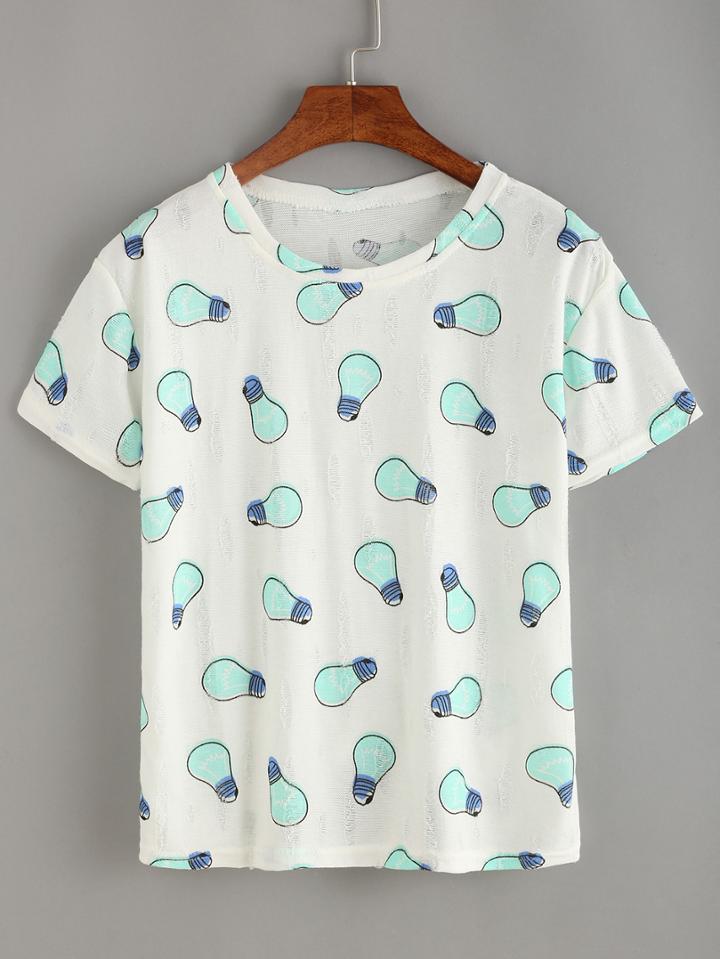 Romwe Allover Light Bulb Print T-shirt - Green