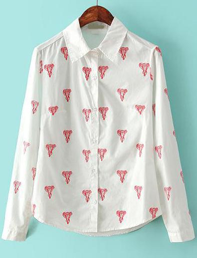 Romwe Lapel With Button Red Elephant Print Blouse
