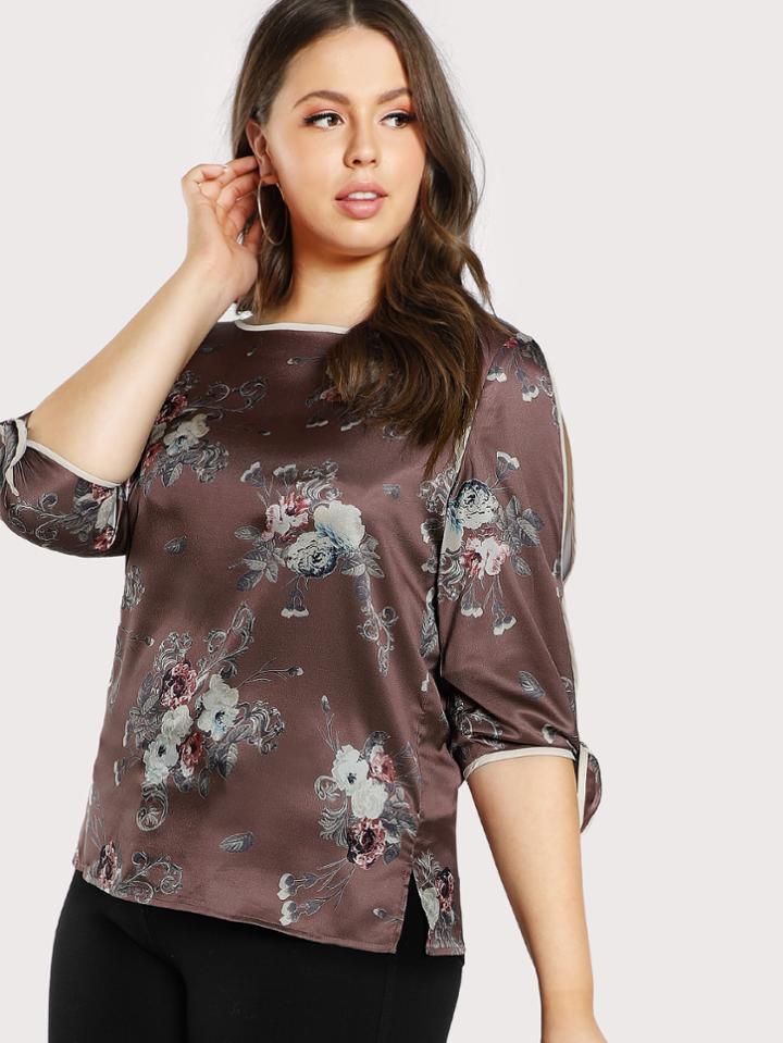Romwe Contrast Binding Split Sleeve Floral Top