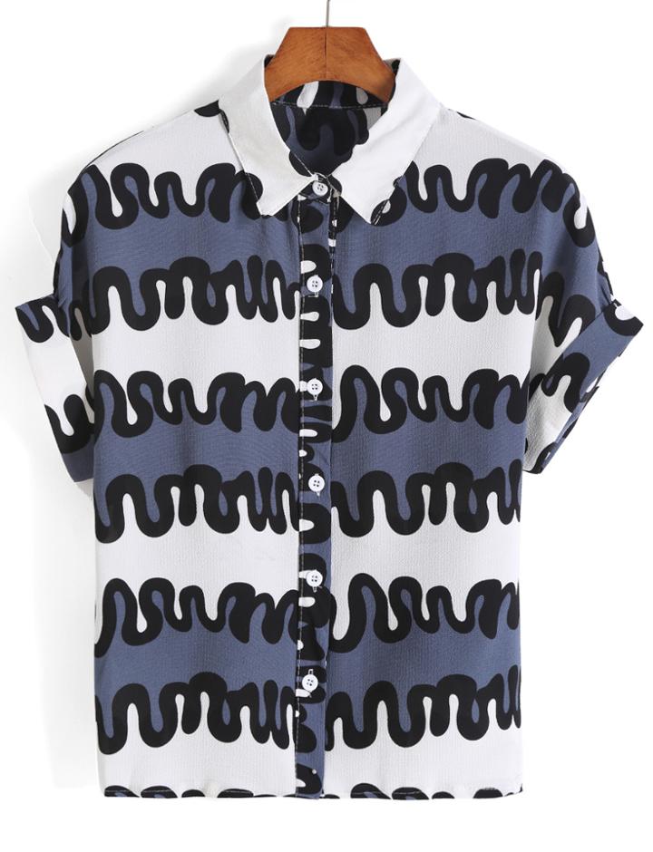 Romwe Color-block Lapel With Buttons Blouse